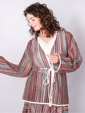 Crystal Kobe Kimono‎ Striped Open-Front Swim Coverup Multicolor Size Medium